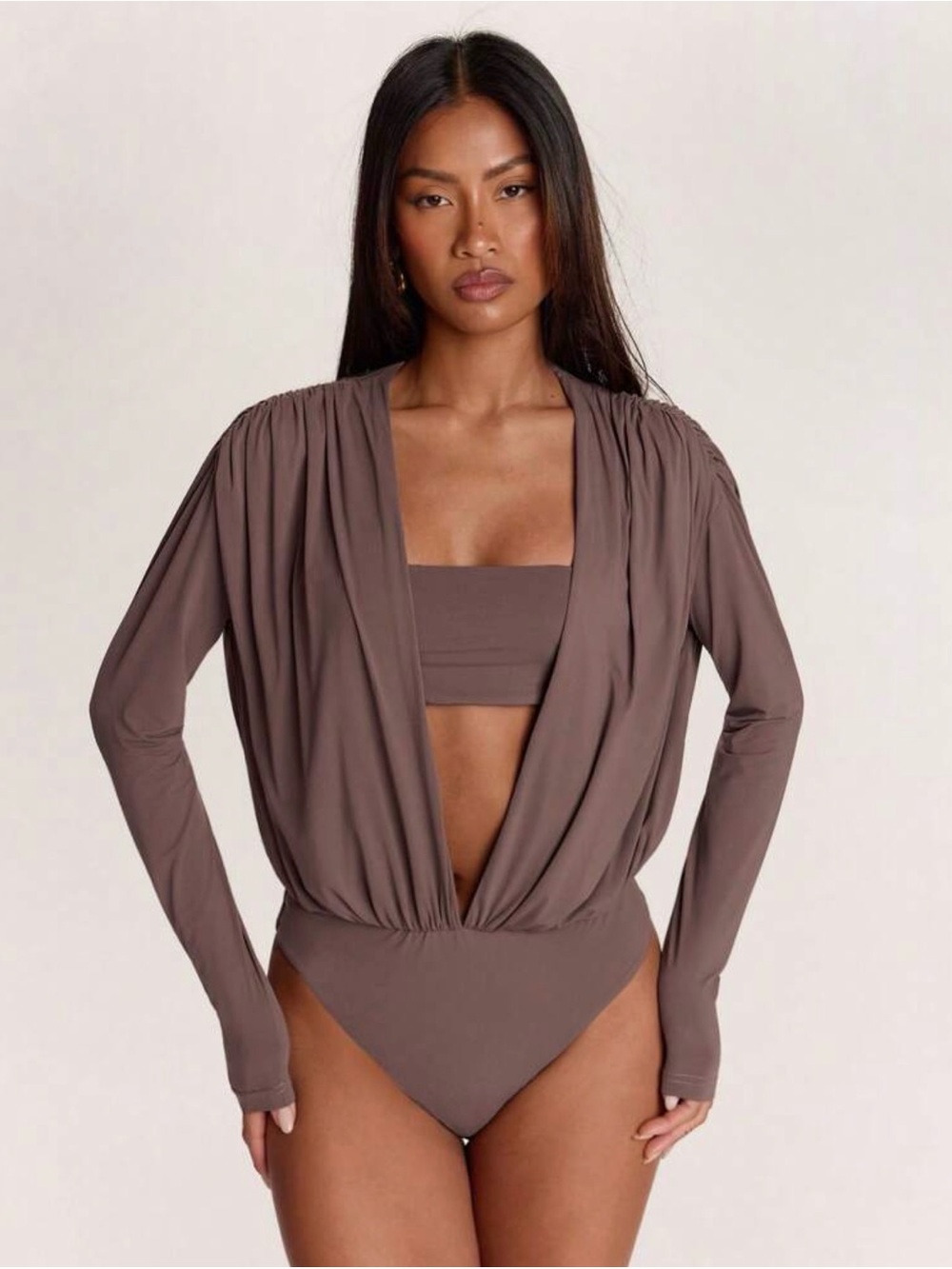 Brown Long Sleeve Front Wrap Bodysuit